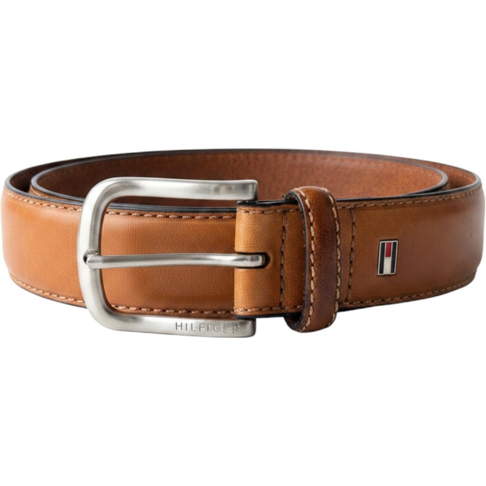 Tommy Hilfiger Leather Belt 32 Tan Silver Buckle Flag Logo